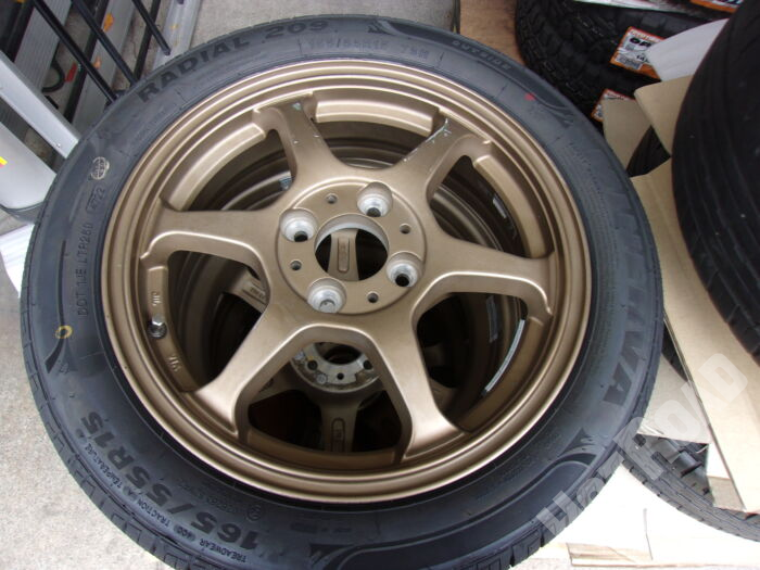 【中古ホイール + 新品タイヤセット】ブロンズ　15インチ 4H100　ミネルバ　165/55R15　アルミセット4本